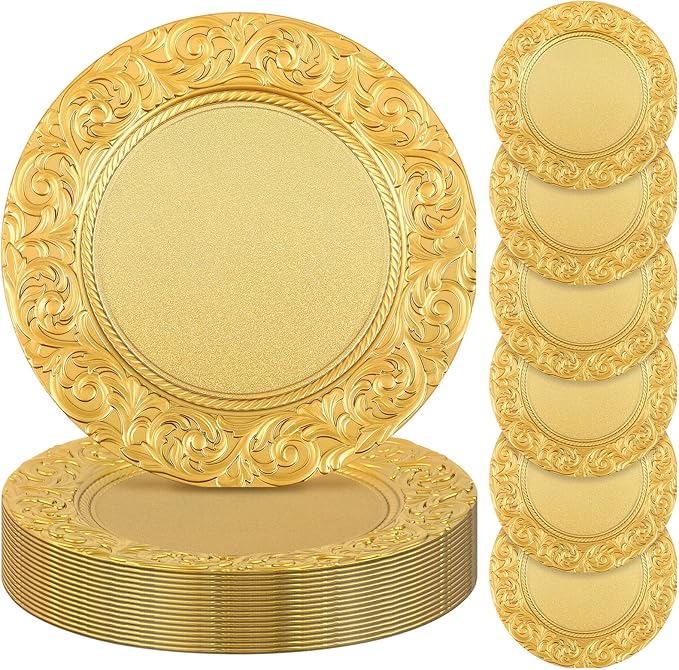Uiifan 24 Pcs Antique Charger Plates Bulk 13'' Plastic Embossed Dinner Plate Chargers Round Floral Plates for Wedding Decorative Chargers for Table Dinner Kitchen Party Decoration (Gold)