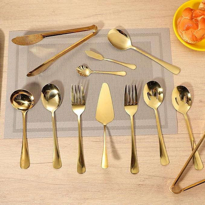 12PCS Gold Serving Spoons Utensils, Stainless Steel Flatware Cutlery with Serving Slotted Spoon Forks Soup Ladle Tongs Pie Server Butter Knife for Home Restaurant Buffet Catering Banquet Party