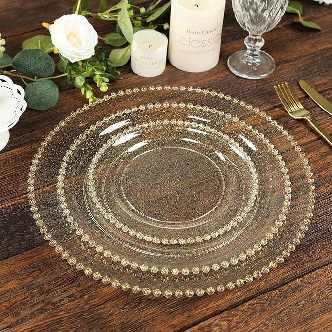 8" Salad Plates - Set of 20 - Plastic Clear Gold Glitter Round Disposable Dessert Appetizer Plate with Beaded Rim, Ideal for Dinner Party Wedding Bulk Events