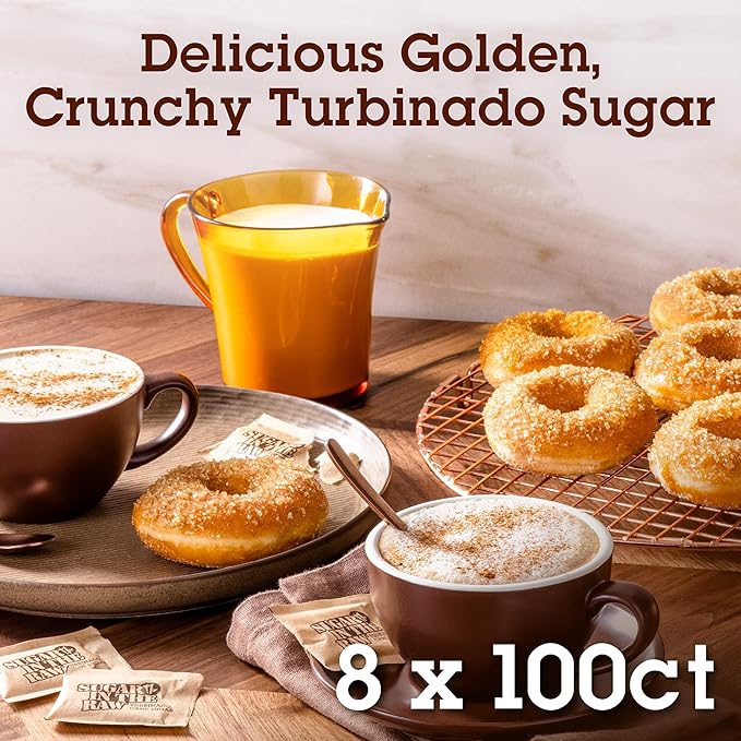 Sugar In The Raw Granulated Turbinado Cane Sugar On The Go Packets, Pure Natural Sweetener, Hot & Cold Drinks, Coffee, Cooking, Baking, Vegan, Gluten-Free, Non-GMO, 100 Count Packets (8-Pack)