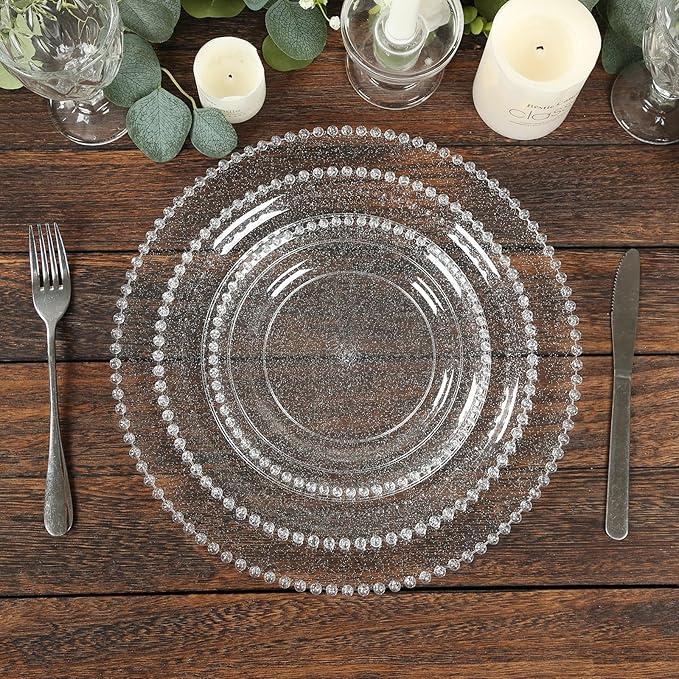 Efavormart 10-Pack Plastic Round Dinner Plates 10" Clear Silver Glittered with Beaded Rim - Disposable Party Plates
