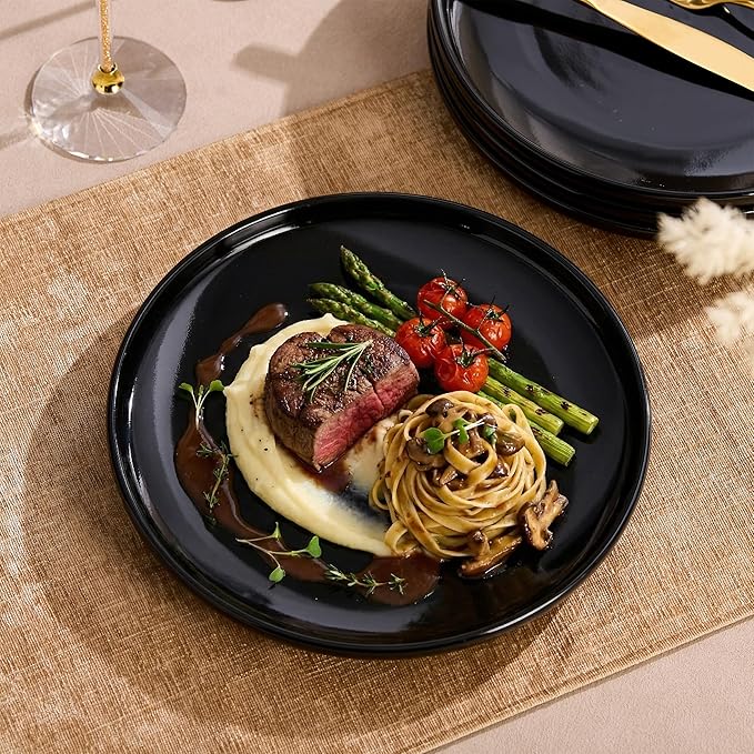 Black Dinner Plates Set of 4,Ceramic Dining Plates 10 Inch,Large Salad Plate,Stoneware Kitchen Plate for Pizza,Steak,Scratch Resistant,Microwave and Dishwasher Safe
