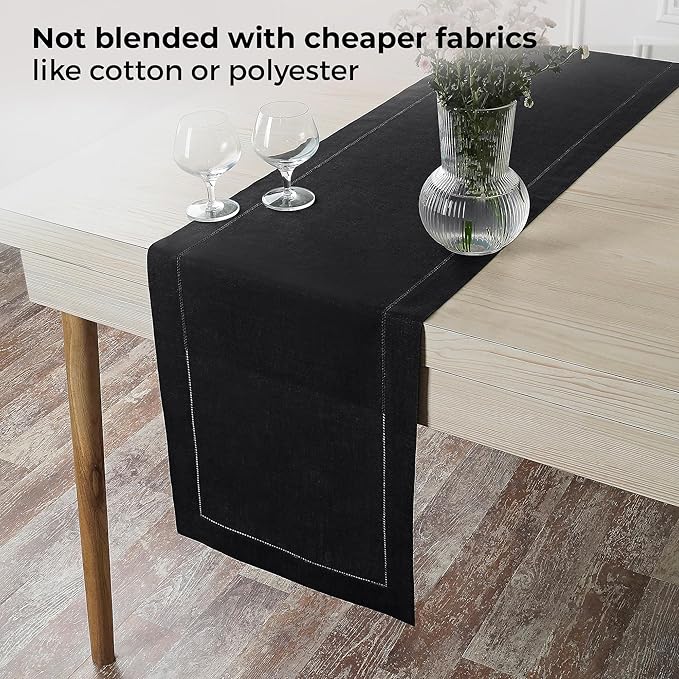 D'Moksha Homes Linen Black Table Runner 60 Inches - Classic Hemstitch, 100% Pure Linen Coffee Table Runner 14 x 60 Inch Ideal for Dresser Tables - Winter, Christmas, Holiday, New Year