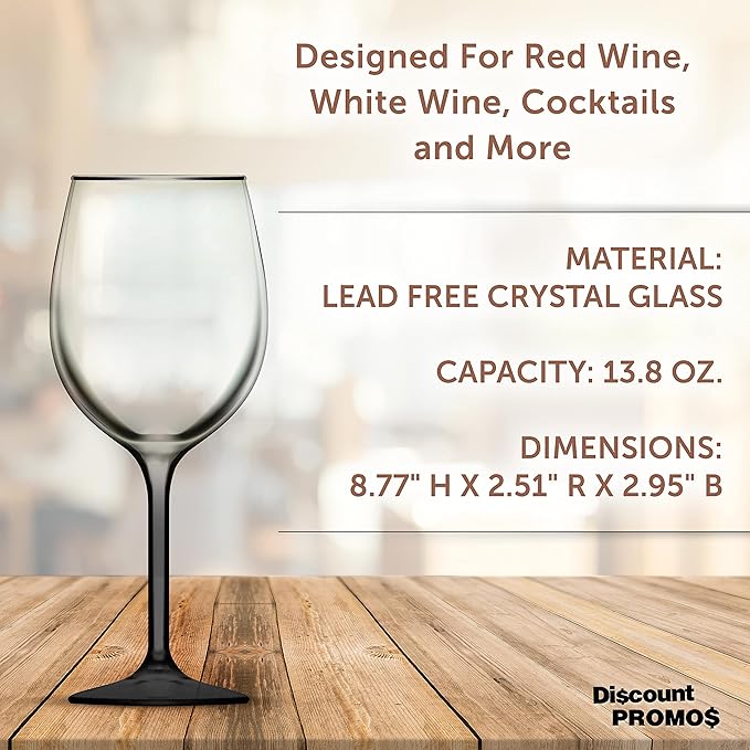 DISCOUNT PROMOS Wine Glasses 14 oz. Set of 6, Bulk Pack - Restaurant Glassware, Perfect for Red Wine, White Wine, Cocktails and More - Black