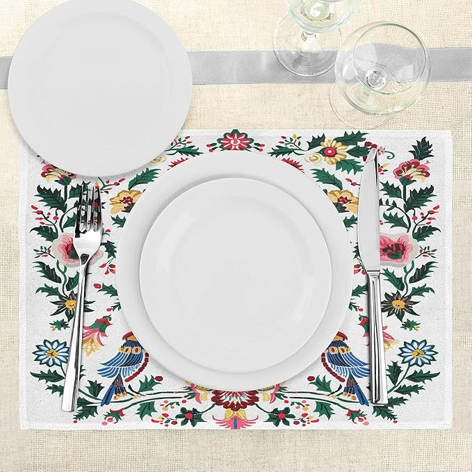 Ambesonne Christmas Place Mats Set of 4, Traditional Scandi Art of Xmas Berry Leaves Birds and Floral Colorful, Washable Fabric Placemats for Dining Table, Standard Size, Green White Multicolor