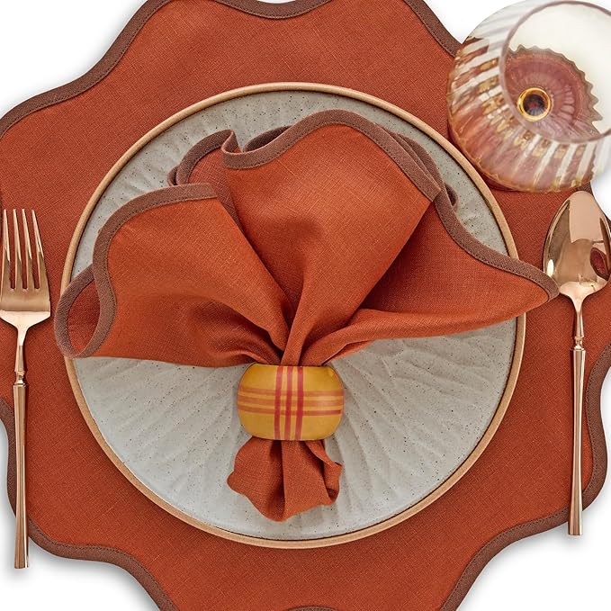 Solino Home Linen Scallop Cloth Napkins Set of 4-100% Pure Linen Brown and Cinnamon Dinner Napkins 20 Inch for Christmas - Giselle Scallop Edge, Handcrafted and Machine Washable