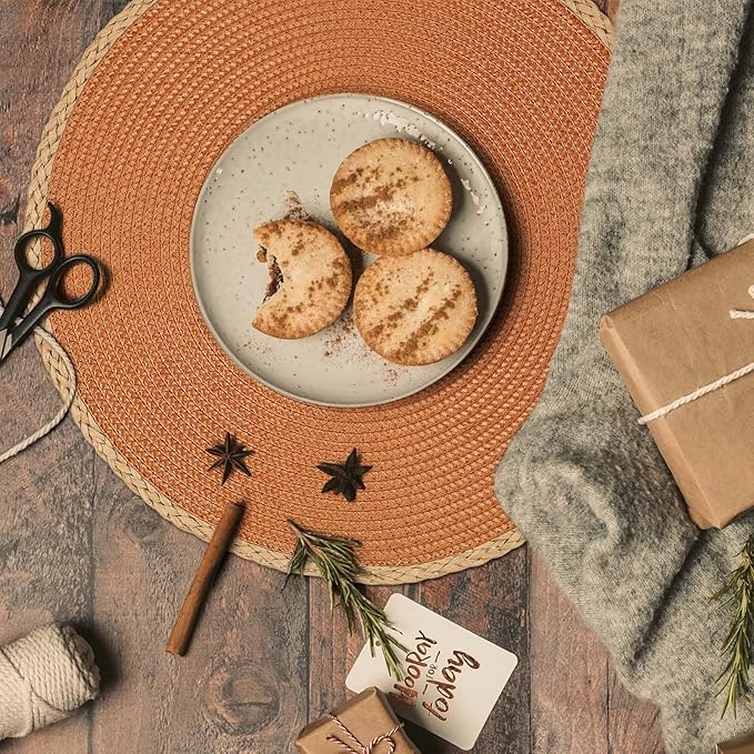 Noctiflorous Round Placemats Set of 4, 15 Inch Braided Hand Woven Table Mats, Heat Resistant Non-Slip Wipeable Thin Edge Place Mats for Kitchen Dining Indoor Outdoor Use(Orange, 4)