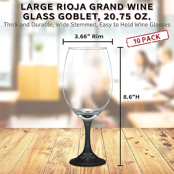 DISCOUNT PROMOS Rioja Grand Wine Glasses 20.75 oz. Set of 10, Bulk Pack - Perfect for Hotel, Bar, Restaurant or Lounge - Black