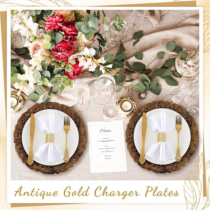 30 Pcs Antique Gold Charger Plates Bulk 13 Inch Embossed Rim Plastic Round Decorative Vintage Plates Charger for Dinner Wedding Party Event Table Setting Decoration (Classic)