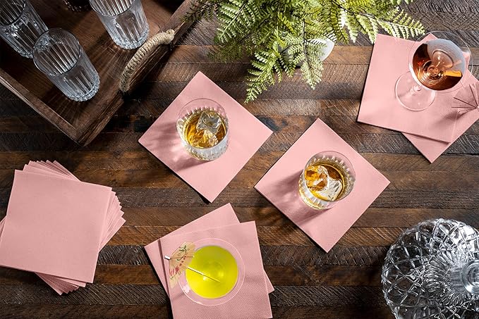 Disposable Pink Cocktail Napkins Paper - 4" x 4" High-End Linen-Like Beverage Party Square Paper Napkin Pack for Bar, Cafe, Restaurant, Christmas, Birthday, Wedding, Baby Shower - 100 Count