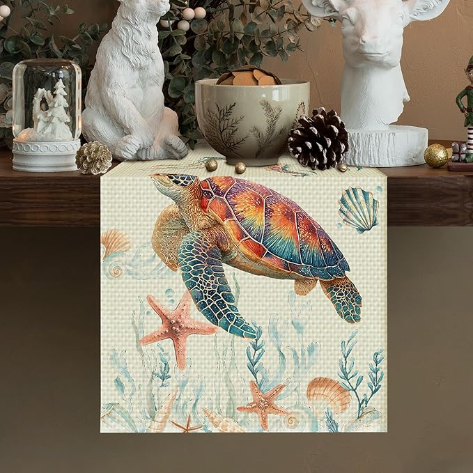 Sea Turtle Starfish Table Runner Seasonal Holiday Kitchen Dining Linen Table Decoration for Indoor Outdoor Home Party Decor 13 x 72 Inch