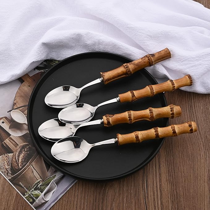 Natural Bamboo Handle Flatware Set, Uniturcky Stainless Steel Silverware Set for 4, Forks, Spoons, Knives Utensils for Daily Use, 16 PCS Bamboo Handle Cutlery Sets, Mirror Finished - Silver
