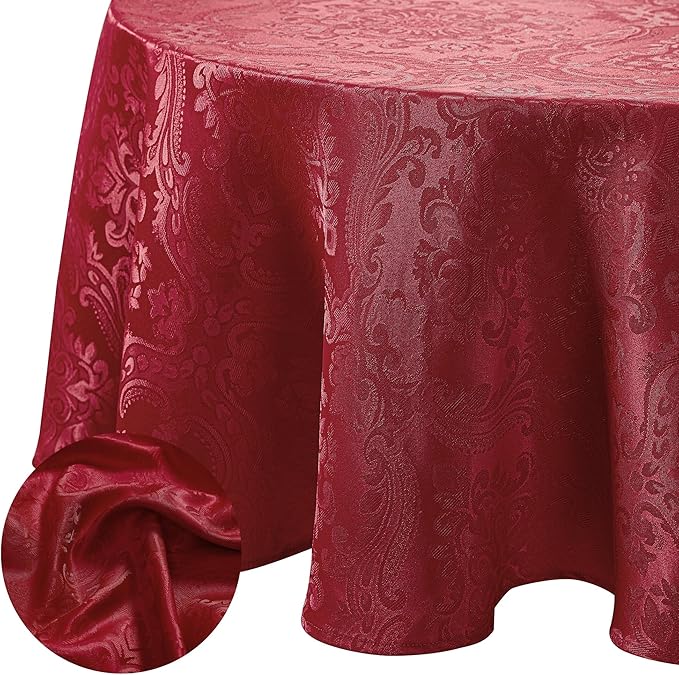 Elrene Home Fashions Caiden Elegance Damask Waterproof, Stain & Wrinkle Resistant Fabric Tablecloth, 90" Round, Red