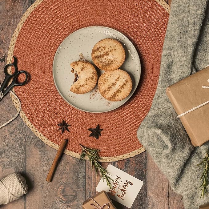 Noctiflorous Round Placemats Set of 8, 15 Inch Braided Hand Woven Table Mats, Heat Resistant Non-Slip Wipeable Thin Edge Place Mats for Kitchen Dining Indoor Outdoor Use(Dark Orange, 8)