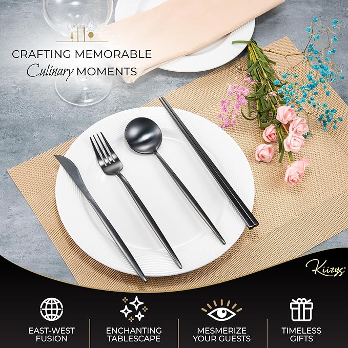 Matte Black KiiZYs Silverware Set - 16-Piece Kitchen Utensil With Korean Chopsticks - Stainless Steel Flatware Cutlery - Spoons, Forks, Knife - Dishwasher Safe - New Home Wedding Gifts (Black, 4 Sets)