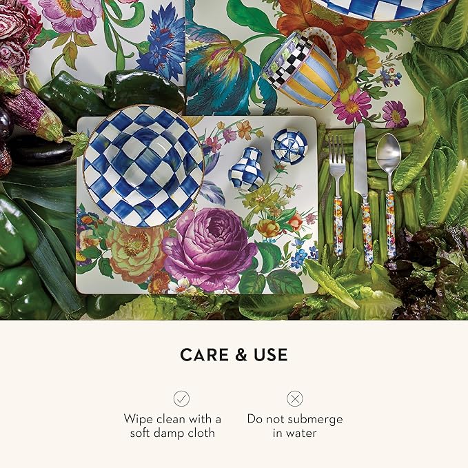 MACKENZIE-CHILDS Cork-Back Placemats, Hard-Finish Washable Table Mats, Set of 4, White Flower Market
