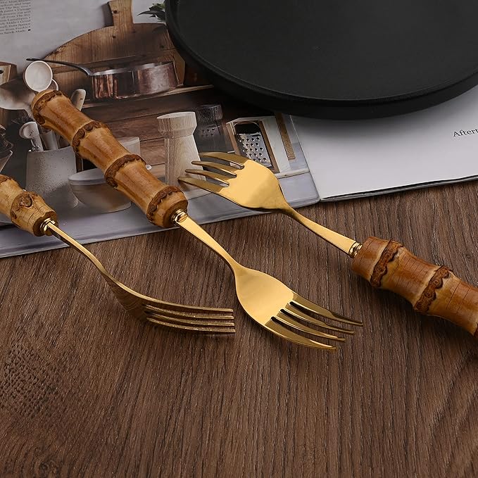 Natural Bamboo Handle Flatware Set, Uniturcky Stainless Steel Silverware Set for 4, Forks, Spoons, Knives Utensils for Daily Use, 16 PCS Bamboo Handle Cutlery Sets, Mirror Finished - Gold
