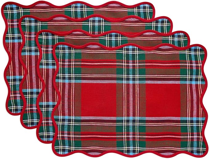 Solino Home Scallop Cloth Placemats Set of 4-100% Pure Linen Red Madras Holiday Plaid Placemats 14 x 19 Inch for Christmas, New Year - Giselle Scallop Edge, Handcrafted and Machine Washable
