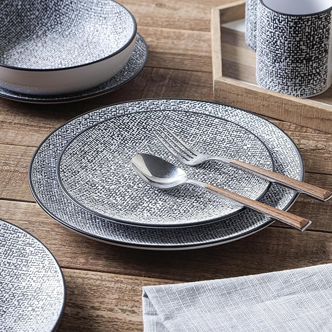 Stone Lain Sophie Rustic Stoneware Dinnerware Service for 4, Black and White Textured, 16 Pieces