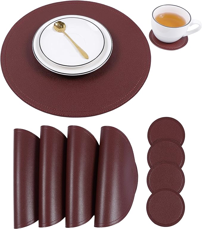 Faux Leather Round Placemats and Coasters, Coffee Mats Kitchen Table Mats, Waterproof, Easy to Clean for Round Table, Dining Table