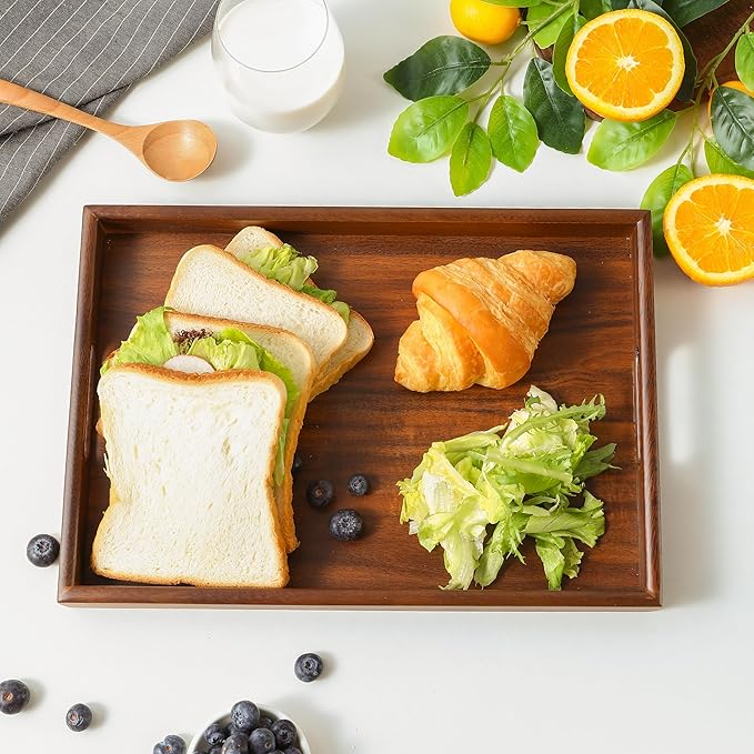 Premium Durable Rectangular Wooden Tray with Handle 16"-100% Natural Walnut Wood Serving Platter for Coffee Table-Great Ottoman Tray Home Decor Plates for Breakfast & Dining