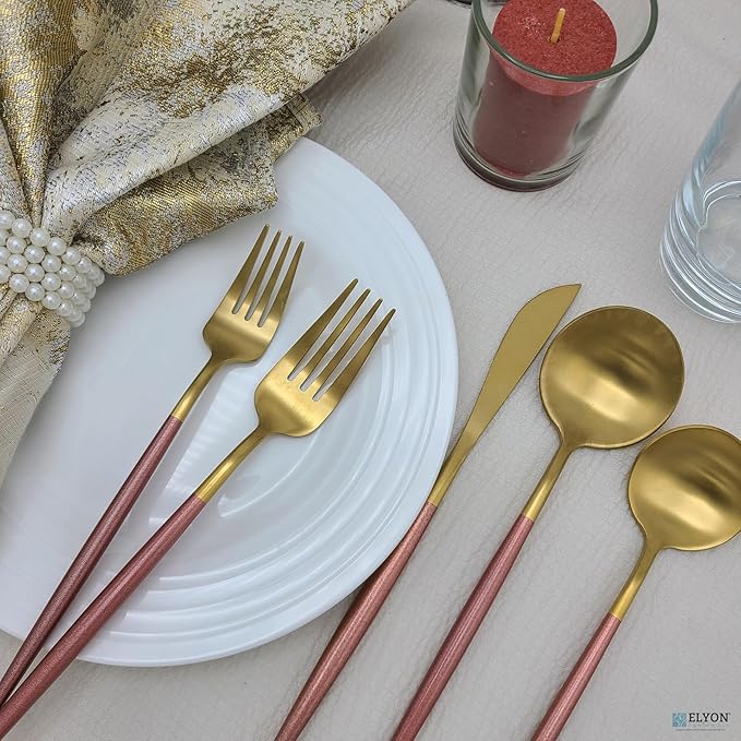 Elyon Lea 20-Piece Matte Gold/Rose Lea Flatware Set, Stainless Steel, Rose Thin Handles, Service For 4