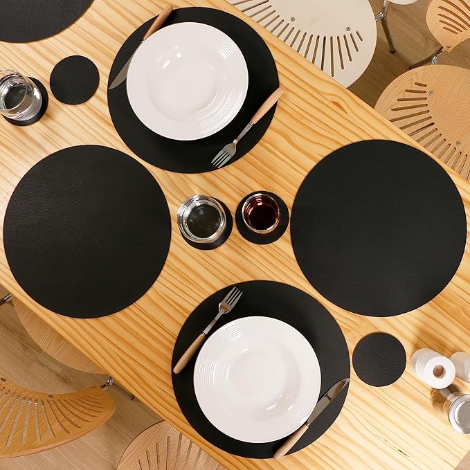 Wipeable Placemats and Coasters Leather Table Mats Waterproof Heat-Resistant Easy to Clean for Dining Table Set Kitchen Table Set of 6, Black