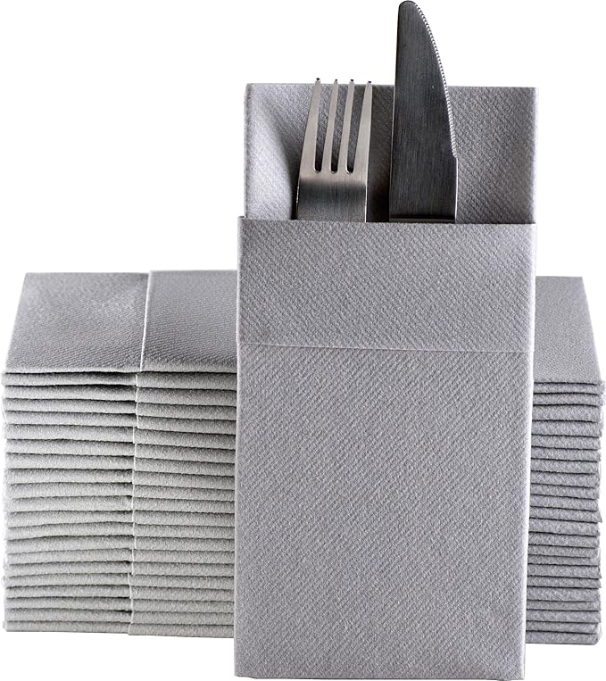 Silver Dinner Napkins Cloth Like with Built-in Flatware Pocket, Linen-Feel Absorbent Disposable Paper Hand Napkins for Kitchen, Bathroom, Parties, Weddings, Dinners or Events, Pack of 50