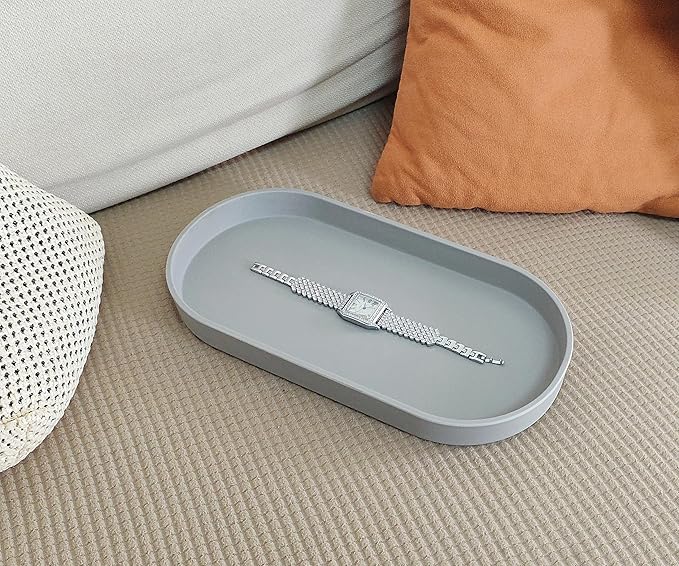 Gray Small Tray (11.8 inch), Oval Tray for Kitchen Counter, Bathtub Bathroom Vanity Items, Countertop Organizer, Coffee Accessory, Bar, Serving Seasoning, Salt and Pepper, Soap, Perfume.