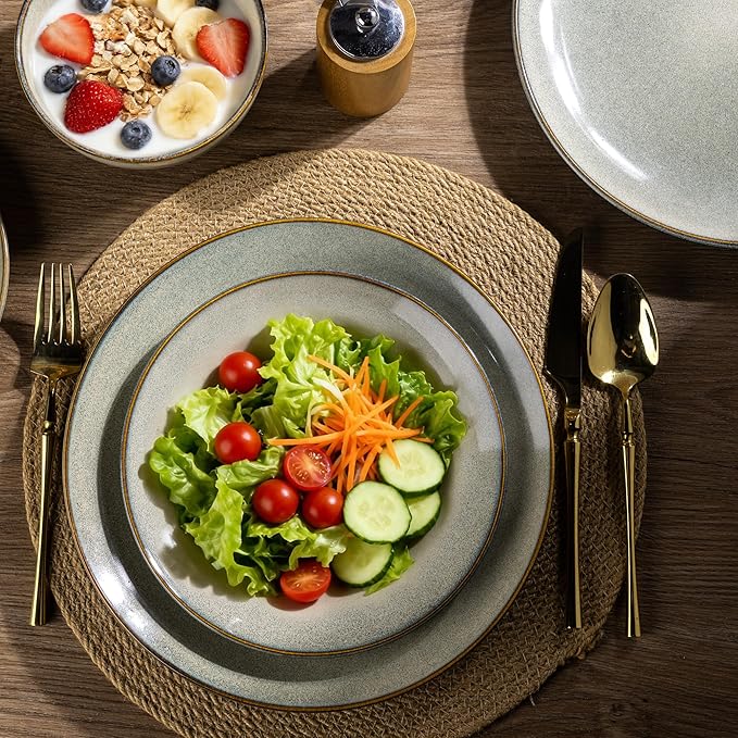 AmorArc Ceramic Dinnerware Sets for 4, 12 Pieces Handpainted Stoneware Plates and Bowls Set, Scratch Resistant Dishes Set, Dishwasher & Microwave Safe, Reactive Color