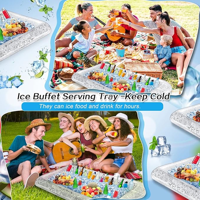 Leitee 3 Pcs Inflatable Serving Bar 52 x 24 x 5'' Ice Buffet Serving Tray Drink Cooler with Drain Plug Inflatable Pool Bar for Party Food Drink Holders with a Hand Pump(Glitter Silver)