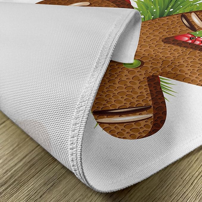 Ambesonne Gingerbread Man Place Mats Set of 8, Tasty Pastry on Coniferous Branches Candy Cane and Holly Berry, Washable Fabric Placemats for Dining Table, Placemat 8 pcs, Brown and Green
