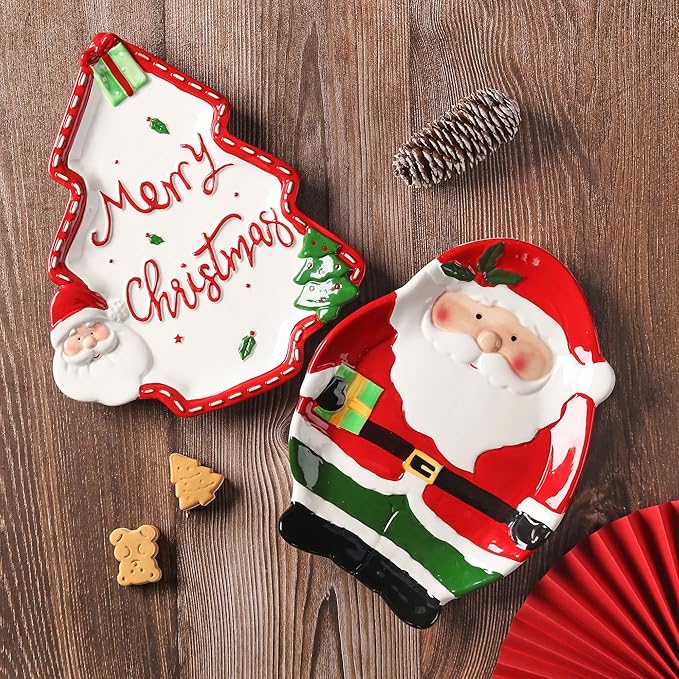10.3 Inches Snacks Appetizer Trays Set, Christmas Tree Dessert Serving Dishes, Snack Platter, Food Cereal Salad Bowl, Santa Claus High Relief Bowl Ceramic Plate
