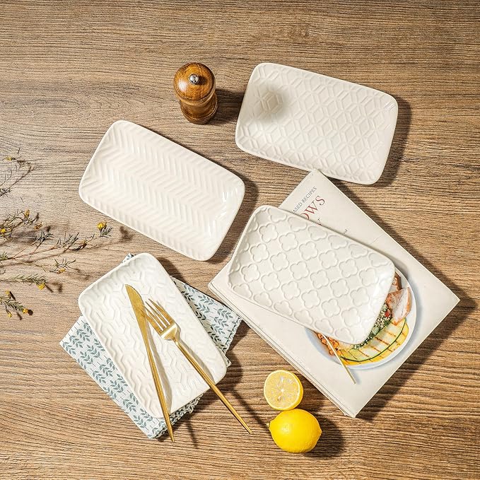 Sureasy Ceramic Salad Plates, Rectangular Appetizer Plates 8 inch, Small Serving Plates for Entertaining, Small Dinner Plates Set for Dessert, Sushi, Embossed Porcelain Dish, Set of 4, White