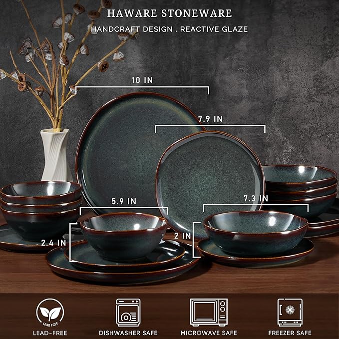 HaWare Plates and Bowls Set, Stoneware Dinnerware Sets, 16-Piece Hand-painted Dishware for 4, Ceramic Dish Set for Home Kitchen, Scratch Resistant, Microwave and Dishwasher Safe, Reactive Moss Green