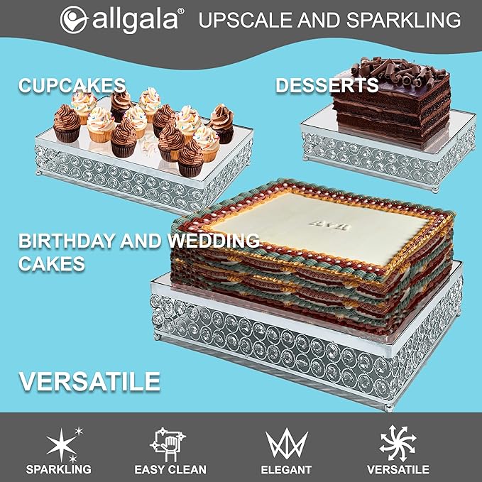 allgala Wedding Cake Stands 3-Piece Set Crystal Silver Cheese Dessert Cupcake Cake Stand with Mirror Plate-Silver Rectangle-HD89205