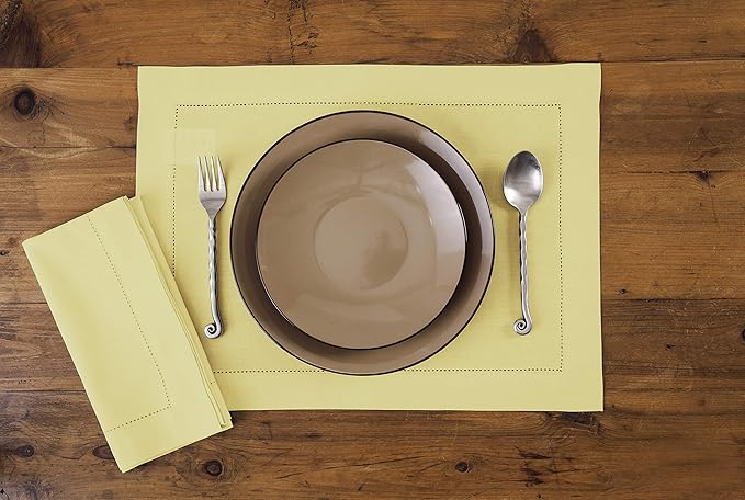 Solino Home Yellow Placemats Set of 6 - Cotton Linen Hemstitch Placemats 14 x 19 Inch for Spring, Easter