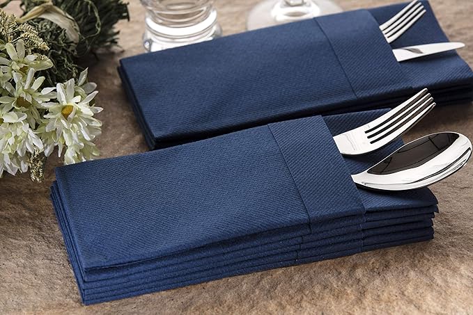 Navy Dinner Napkins Cloth Like with Built-in Flatware Pocket, Linen-Feel Absorbent Disposable Paper Hand Napkins for Kitchen, Bathroom, Parties, Weddings, Dinners or Events, 16x16 inches, Pack of 50
