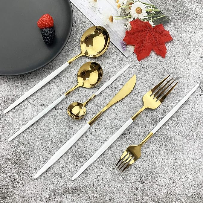 JASHII 18/10 Silver Silverware Set Stainless Steel Flatware Utensils Set Gold Cutlery Set| 24-Piece Modern Cubiertos Dorados| BEST Birthday Wedding Gift (4 sets, White Handle Gold Mirror Polish)