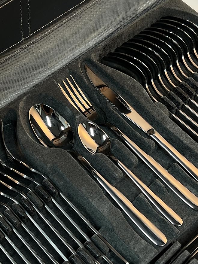 GRANDMEISTER 75-Piece 18/10 Stainless Steel Silverware Set with Gift Carrying Case, 3.0MM Thick, Elegant Design, Serves Parties 12 people, Mirror Polished, Dishwasher Safe Cutlery Set