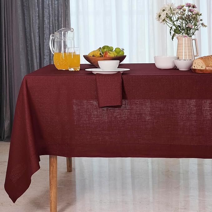 D'Moksha Homes Linen Tablecloth 60 x 120 Inch - 100% Pure Linen Dark Red Table Cloth for Rectangle Tables - Machine Washable Cloth Tablecloth for Winter, Christmas, Holiday, New Year