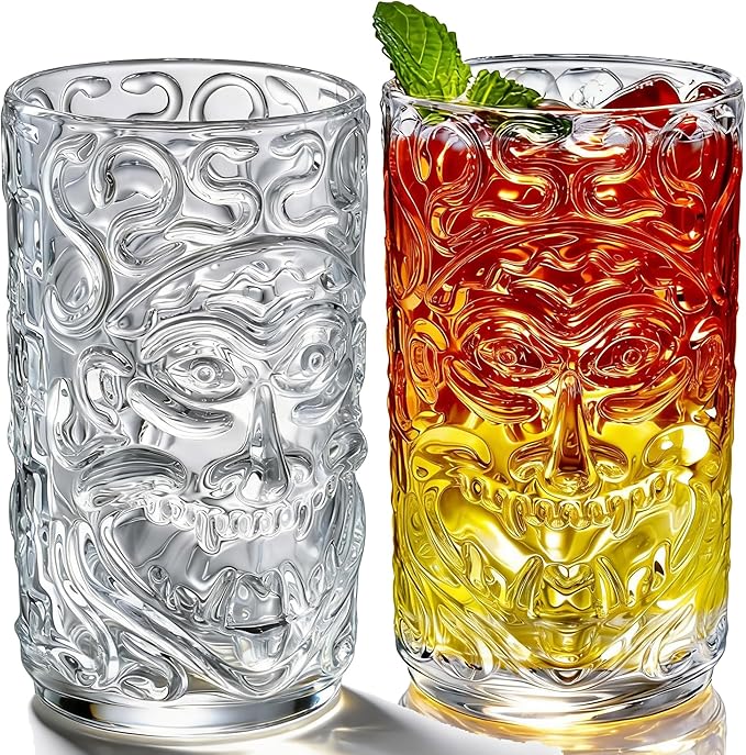 Clear Glass Drinking Glasses Set of 2 Tiki Drinking Glasses Cups 14.5oz for Cocktails,Water,Juice,Beer,Wine Mojito Cups, Cocktail Glass, Bar Glassware Set for Cocktail, Beer, Whiskey