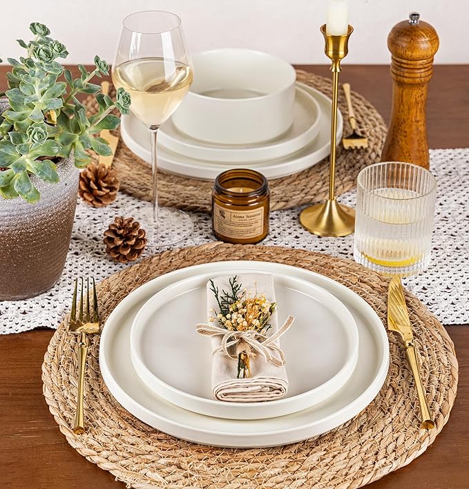 GBHOME Ceramic Dinnerware Sets for 4,Stoneware Plates and Bowls Sets,Chip and Crack Resistant | Dishwasher & Microwave Safe Dishes Set,Scratch Resistant- Service for 4 (12pc)-Matte Cream