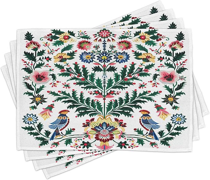 Ambesonne Christmas Place Mats Set of 4, Traditional Scandi Art of Xmas Berry Leaves Birds and Floral Colorful, Washable Fabric Placemats for Dining Table, Standard Size, Green White Multicolor