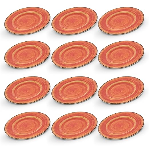 Carlisle FoodService Products Mingle Resuable Plastic Plate Dinner Plate with Pottery Style for Home and Restaurant, Melamine, 9 Inches, Fireball, (Pack of 12)