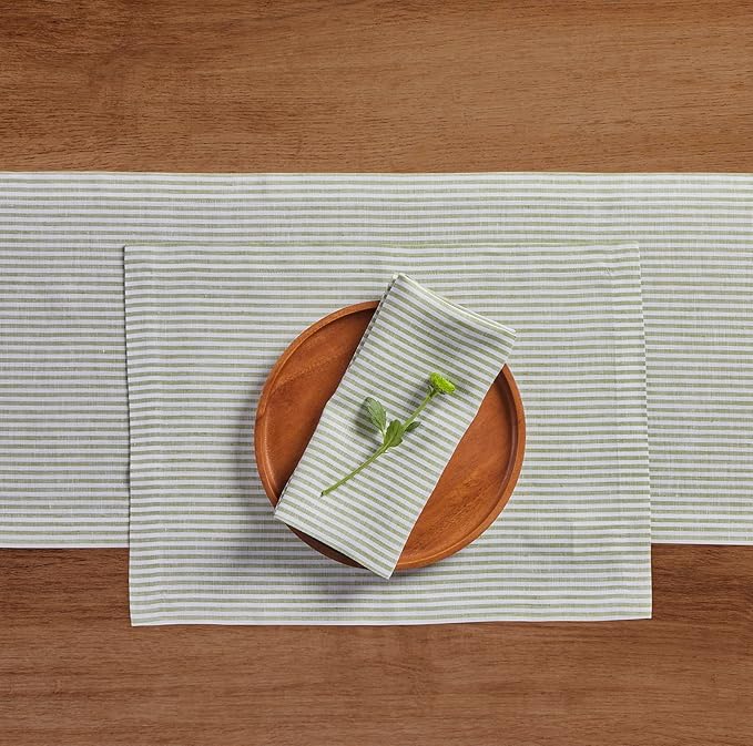 Solino Home Linen Cloth Placemats Set of 4 - Narrow Stripe 100% Pure Linen Avocado and White Farmhouse Placemats 14 x 19 Inch for Christmas, Winter, New Year