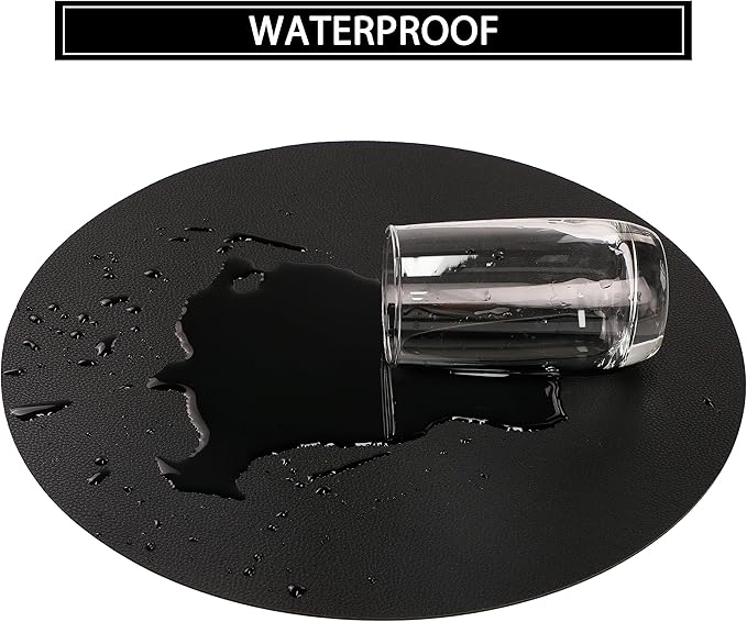 Wipeable Placemats and Coasters Leather Table Mats Waterproof Heat-Resistant Easy to Clean for Dining Table Set Kitchen Table Set of 6, Black