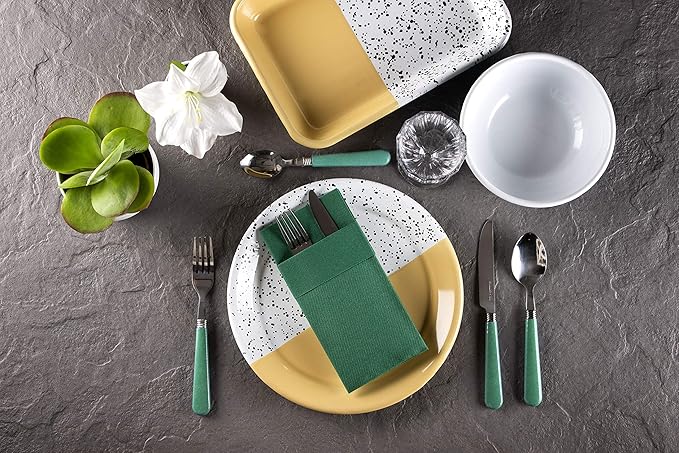 Green Dinner Napkins Cloth Like with Built-in Flatware Pocket, Linen-Feel Absorbent Disposable Paper Hand Napkins for Kitchen, Bathroom, Parties, Weddings, Dinners or Events, 1/8 Fold, Pack of 50