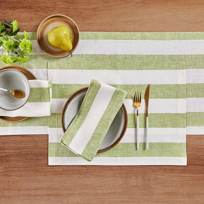 Solino Home Linen Cloth Napkins Set of 4-100% Pure Linen Green and White Striped Dinner Napkins 20 x 20 Inch for Christmas - Cabana Stripe, Handcrafted and Machine Washable