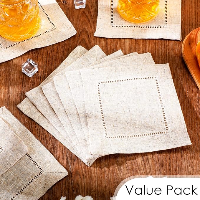 80 Pieces Linen Cocktail Napkins Bulk 6 x 6 Inch Cloth Cocktail Napkins Small Hemstitch Fabric Napkin Coaster Reusable Linen Napkins for Party Wedding Bar Beverage Coffee Dessert(Natural Linen Color)